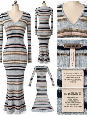 Free People Striped Ribbed Knit Maxi Dress Small Long Sleeve V-Neck